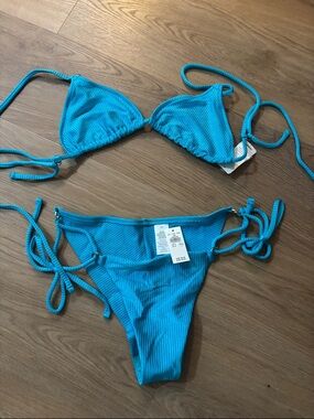aerie Ribbed Turquoise String Bikini Set